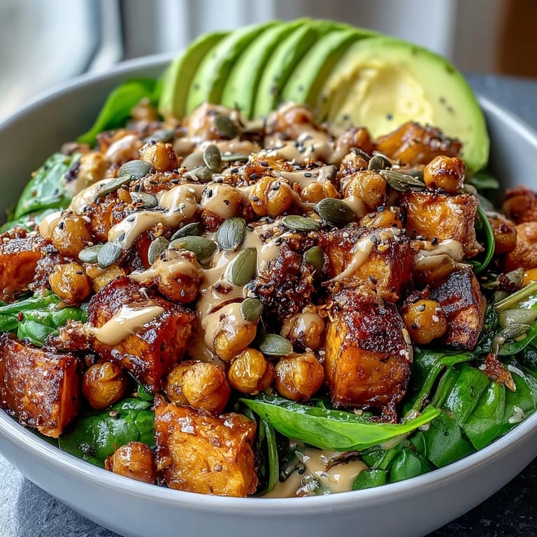 Hearty roasted sweet potato and chickpea bowl, loaded with garlicky spinach.