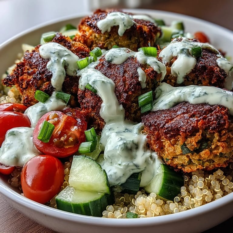 Parsley-flecked falafel patties shine over a wholesome quinoa salad base, garnished with fresh green onions for a vibrant Middle Eastern-inspired bowl.