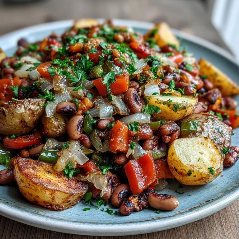 Freshly garnished Black-Eyed Pea Hash ready for breakfast alongside a fried egg and hot sauce.