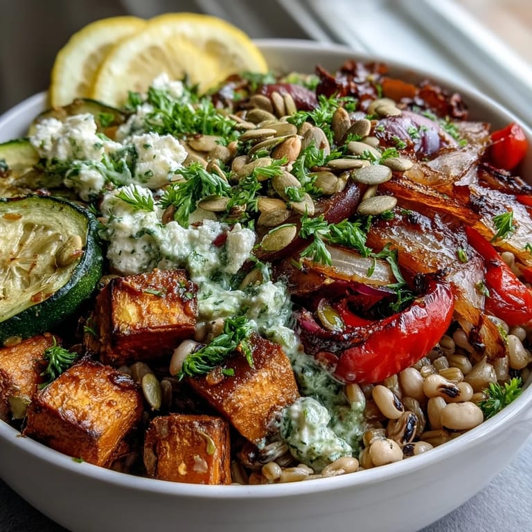 Close-up of a hearty Black-Eyed Pea Grain Bowl featuring feta, toasted seeds, and a drizzle of dressing. 