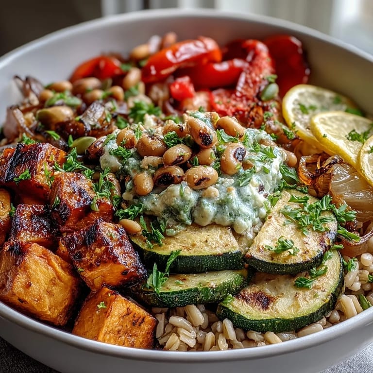 Colorful Black-Eyed Pea Grain Bowl with sweet potatoes, red peppers, and zucchini over a bed of nutty grains.