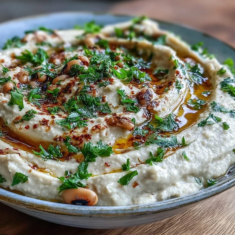 A hearty bowl of Smashed Black-Eyed Peas garnished with fresh herbs, perfect for dipping or as a side.