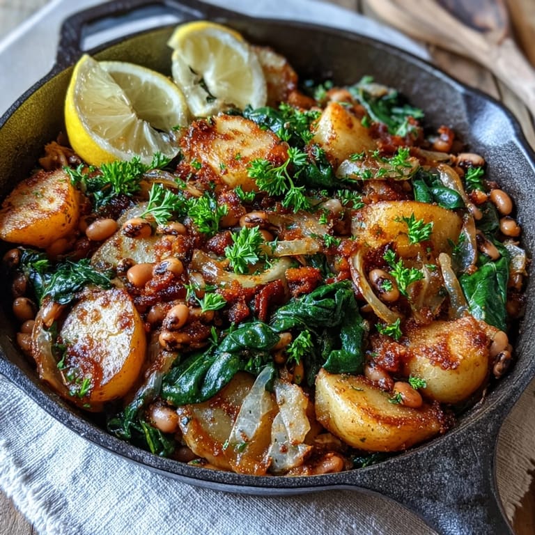 Steam rises from the savory Black-Eyed Pea Skillet Dinner as fresh parsley garnish and lemon wedges sit ready to serve alongside the hearty vegetarian mix.