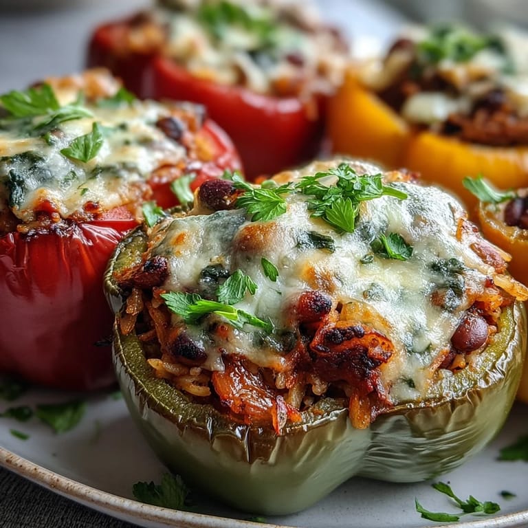 Freshly baked black-eyed pea stuffed peppers in a baking dish, featuring vibrant bell peppers and a savory filling.