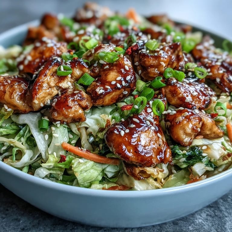 Vivid close-up of Egg Roll Bowls with Chicken and Cabbage shows a colorful mix of tender chicken, crisp veggies, and tangy sauce ready to be served.