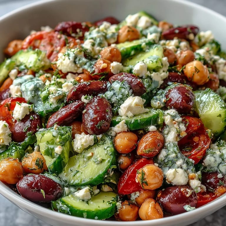 Colorful Greek Bean Salad featuring creamy feta, Kalamata olives, and bright vegetables rests on a wooden table, perfect for a vegetarian Mediterranean lunch.