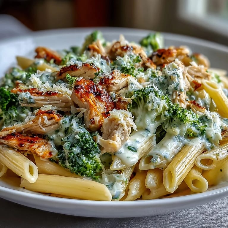 A steaming bowl of high-protein rotisserie chicken broccoli pasta featuring whole-wheat penne, Parmesan, and bright lemon zest.