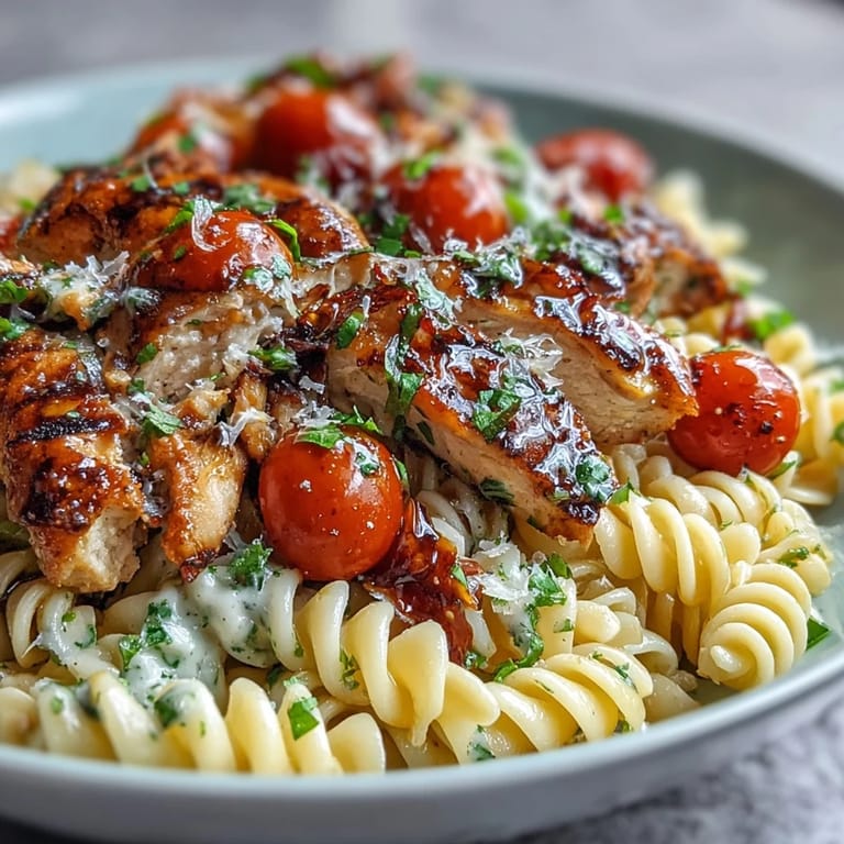Savory Bruschetta Chicken Pasta plated in a white dish, garnished with Parmesan, balsamic glaze, and a sprig of fresh basil.