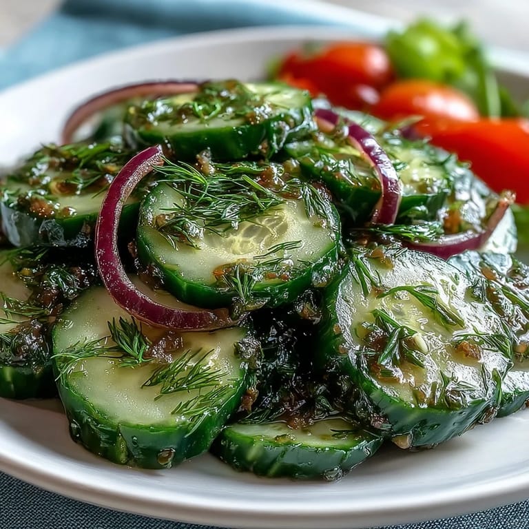 Crisp Refreshing Crunchy Cucumber Salad tossed with bright vinegar dressing and fresh herbs on a wooden table.