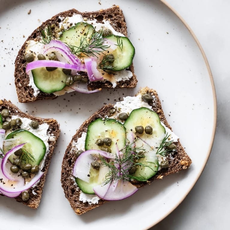 Savory rustic German black bread toasts with crispy cucumbers and red onion slices.  