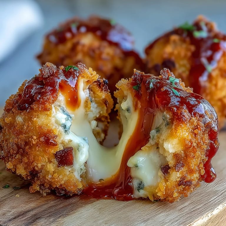 A close-up view of a halved Buffalo Chicken Bacon Mozzarella Bomb reveals gooey mozzarella and savory bacon filling inside the tender chicken shell.  