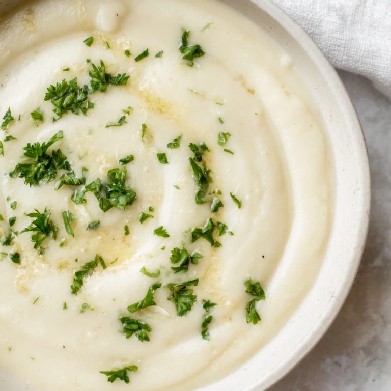 A smooth, velvety white bean and Parmesan soup, ready to enjoy with a sprinkle of black pepper.