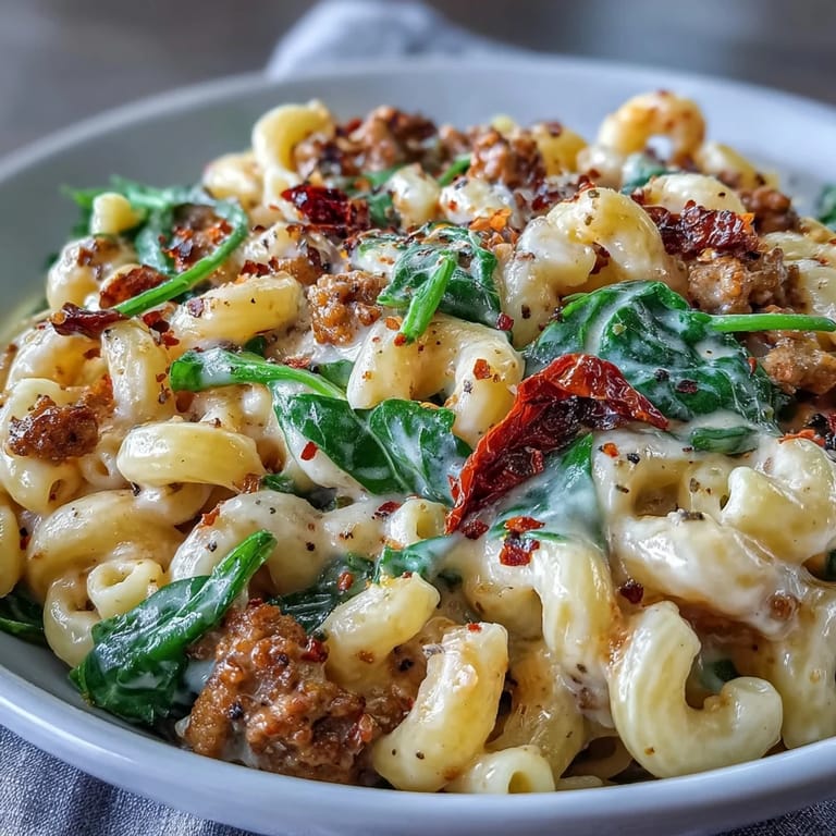 A spoon lifts a cheesy serving of Creamy Tuscan Chili Mac from a skillet.