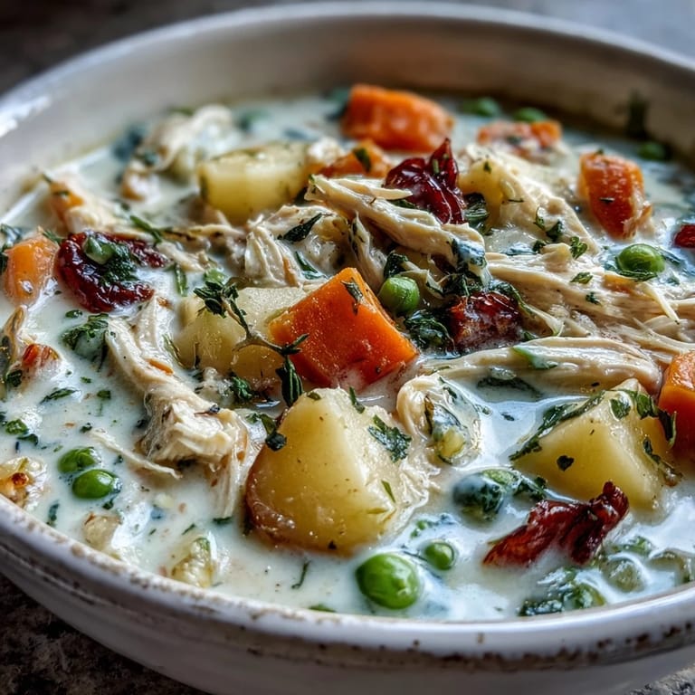 Spoon dipping into Creamy Chicken Pot Pie Soup, revealing a thick, creamy broth with carrots, peas, and potatoes.