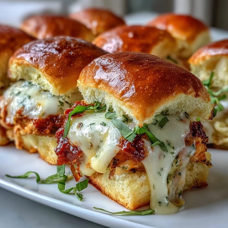 Twelve mini Pesto Chicken Parmesan Sliders arranged on a board with marinara dipping sauce and fresh basil.
