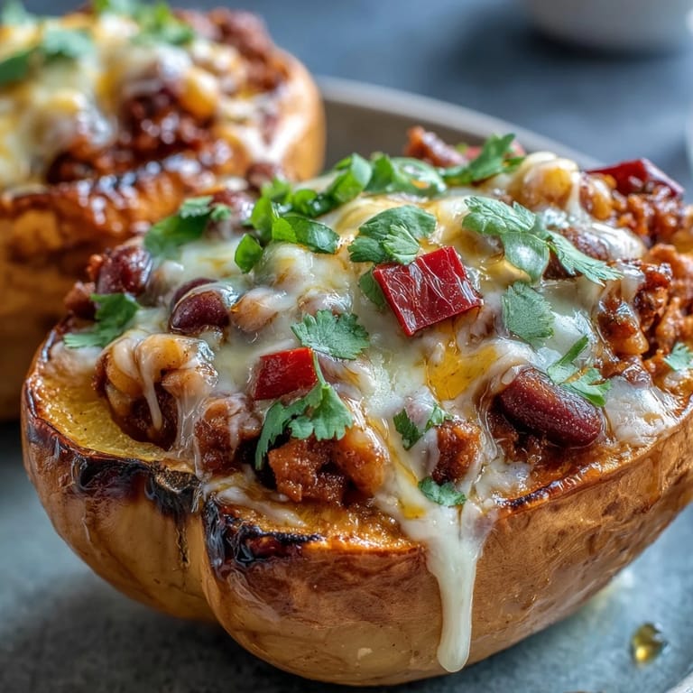 Savory Hot Honey Chili Mac spooned into warm roasted acorn squash, garnished with fresh cilantro and drizzle.