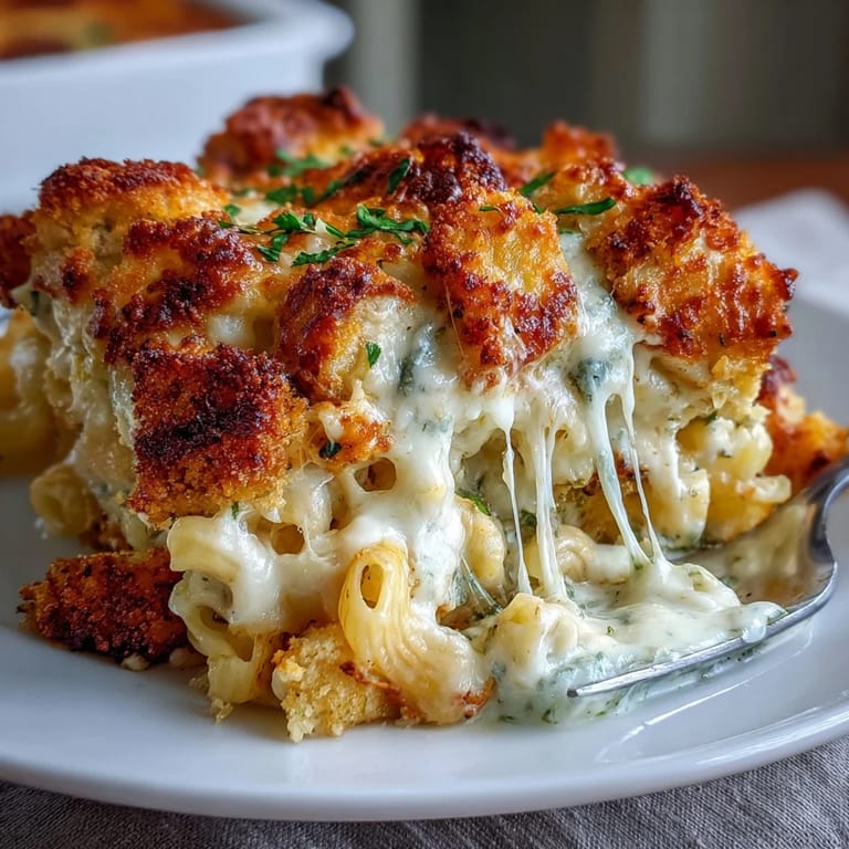 A hearty serving of Pesto Chicken Mac & Cheese paired with a fresh salad on the side.