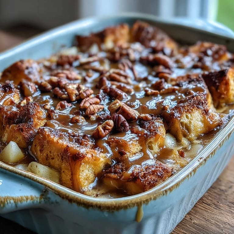 Close-up of Caramel Apple Cheesecake Bread Pudding showing tender apple chunks and creamy cheesecake swirls in a rustic baking dish.