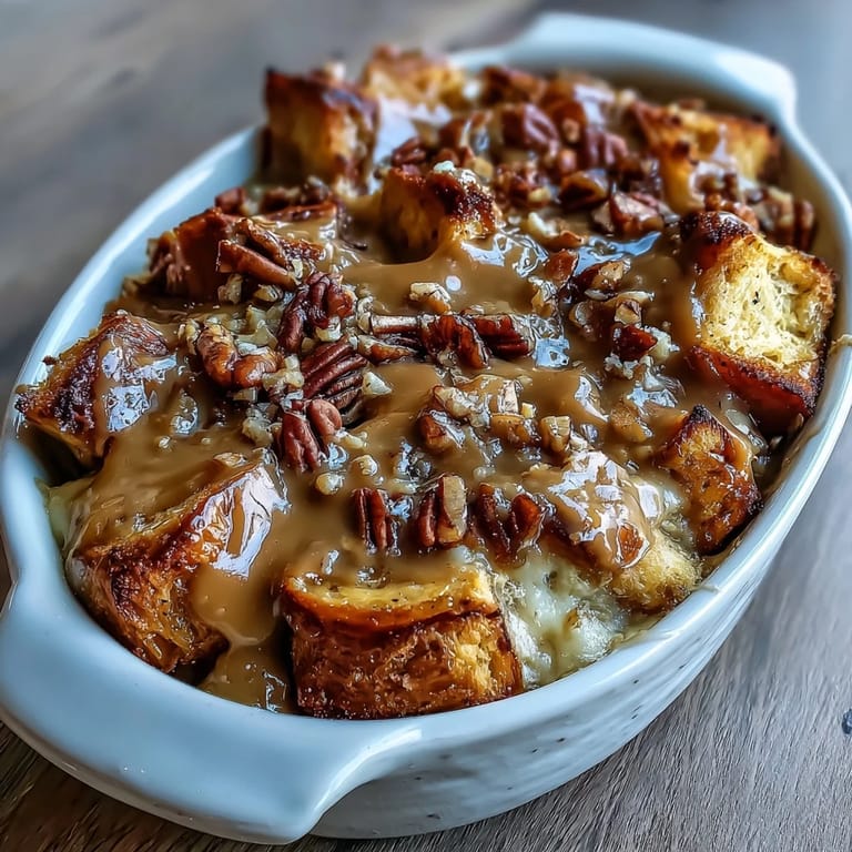 Slices of Caramel Apple Cheesecake Bread Pudding served warm with vanilla ice cream melting over the custardy dessert.