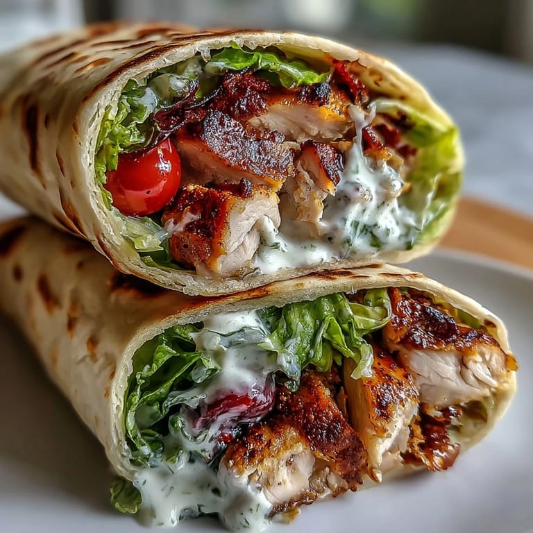 A close-up of Garlic Naan Grilled Chicken Caesar Wraps drizzled with Caesar dressing. 