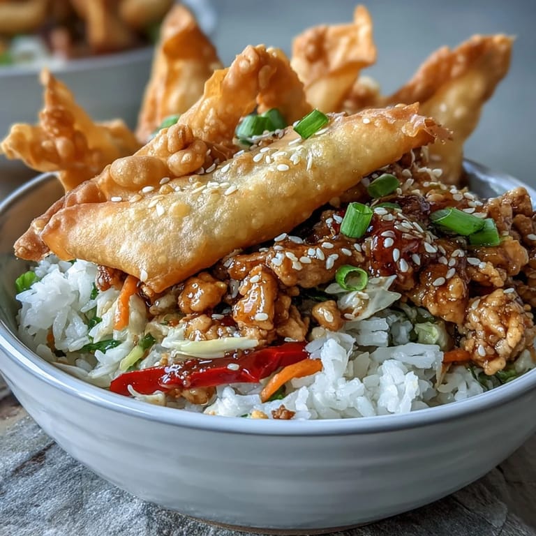 Overhead view of Crispy Baked Egg Roll Chicken Bowls, showing fluffy white rice topped with a colorful Asian-inspired chicken mixture and a generous pile of crunchy wonton strips.