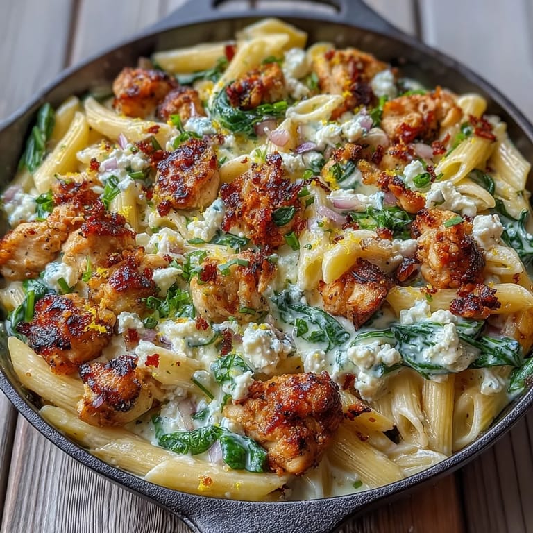 A close-up shows crumbled feta and bright lemon zest over a hearty Mediterranean-inspired skillet dinner.