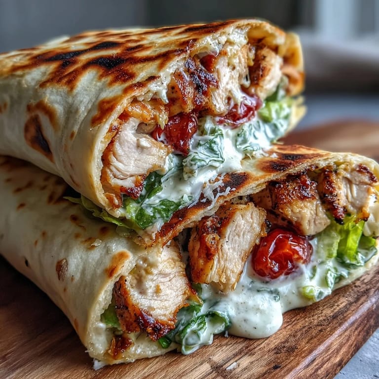 Sizzling grilled chicken and fresh romaine tucked into warm garlic naan for a fusion Caesar wrap.
