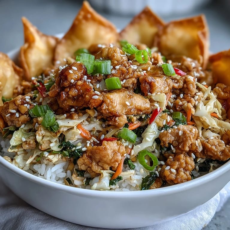 Savory ground chicken and crisp veggies are piled onto warm jasmine rice, topped with crunchy wonton strips for the Crispy Baked Egg Roll Chicken Bowls.