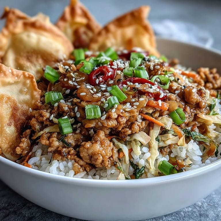 A deconstructed egg roll bowl featuring seasoned ground chicken, stir-fried vegetables, and a drizzle of sesame oil, finished with wontons for the Crispy Baked Egg Roll Chicken Bowls.