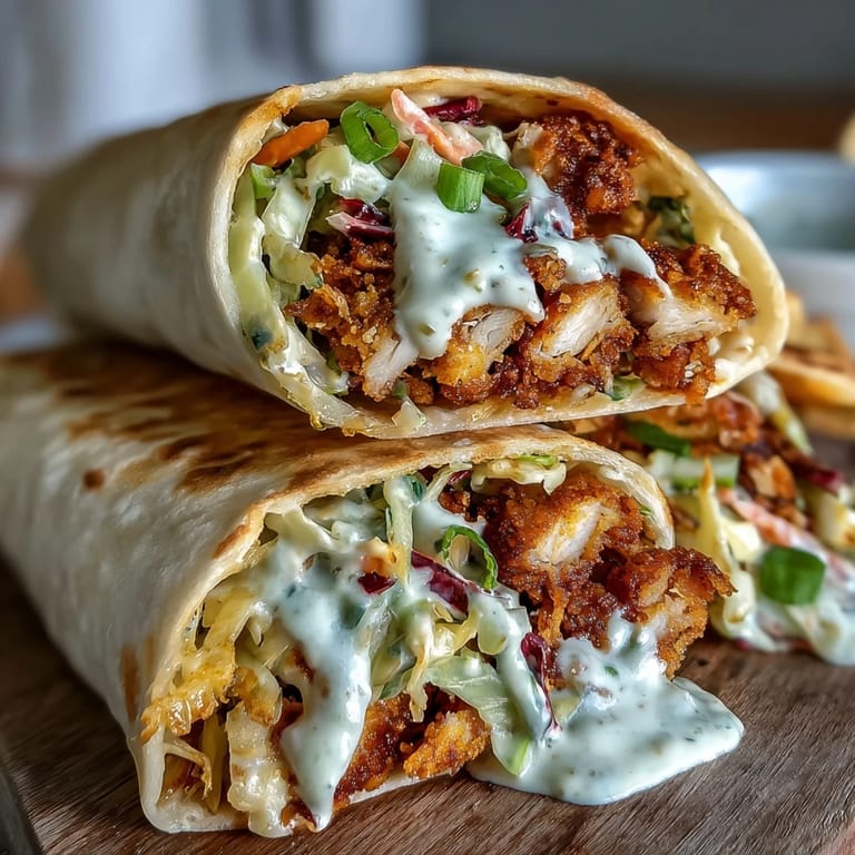 Homemade Crispy KFC Turkey Snack Wraps sliced in half on a plate, garnished with fresh herbs for a quick lunch.