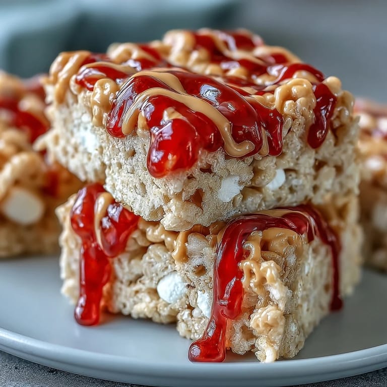 Two stacked High-Protein PB&J Rice Krispie Bars reveal a soft cereal texture and sticky peanut butter and jelly filling inside.