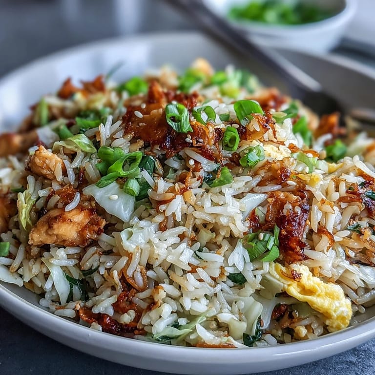 A close-up of vibrant Egg Roll Fried Rice with chicken, showcasing fluffy rice, shredded carrots, and sesame seeds.