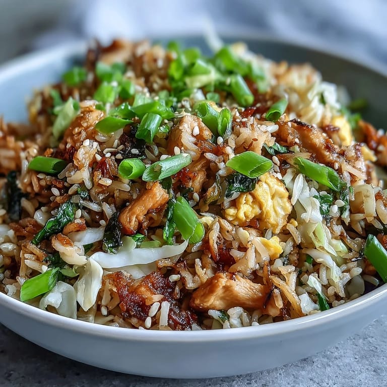 Sizzling wok action: golden Egg Roll Fried Rice with chicken and green onions, ready for a quick weeknight dinner.