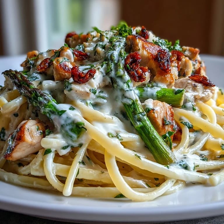 Tender chicken and crisp, cheesy asparagus tossed with linguine in a rich Creamy Asiago Chicken & Asparagus Pasta sauce.