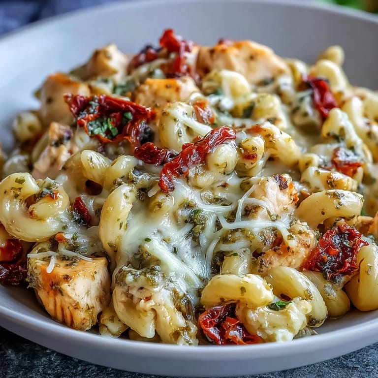 A serving of Pesto Chicken Chili Mac in a white bowl, twirled with a fork, ready for a family dinner.