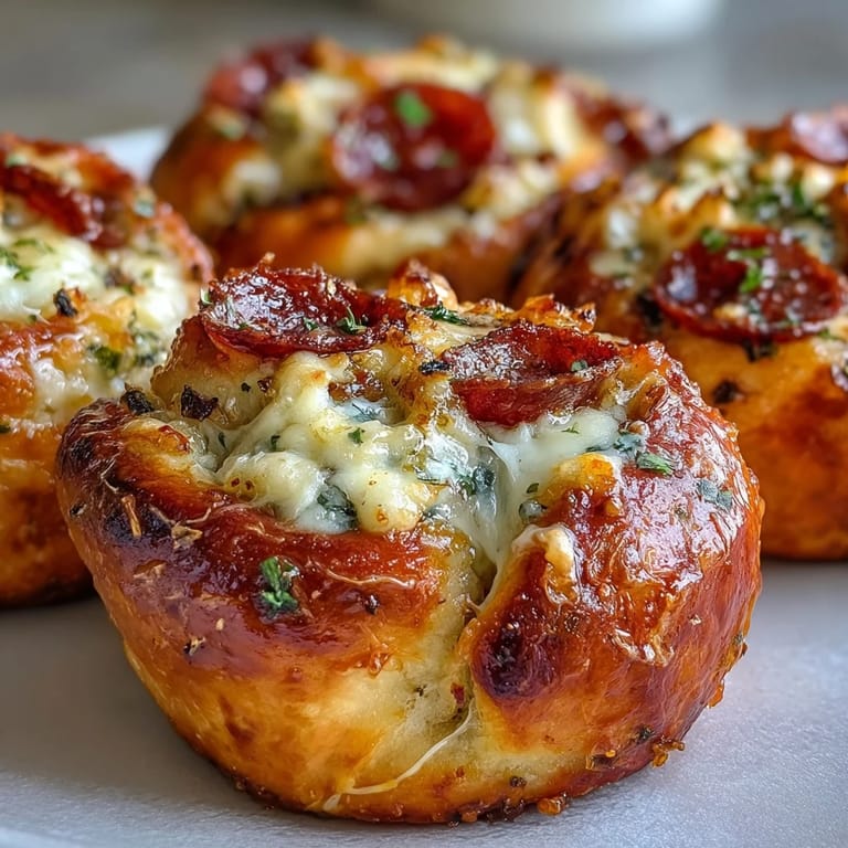 A close-up of Pizza Roll Stuffed Garlic Knots revealing melted mozzarella and spicy pepperoni peeking from the dough.