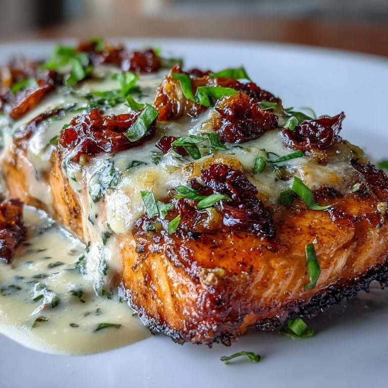 Close-up of Marry Me Salmon with vibrant red sun-dried tomatoes and melted Parmesan on a white plate.