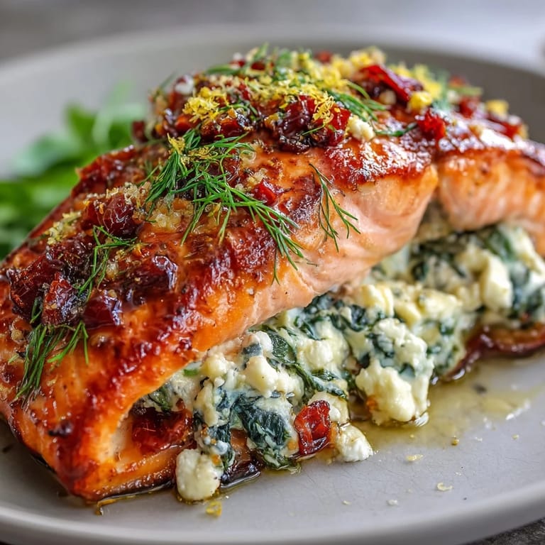 Perfectly baked Simple Baked Stuffed Salmon with Spinach and Feta garnished with fresh dill, highlighting a flaky, juicy texture.
