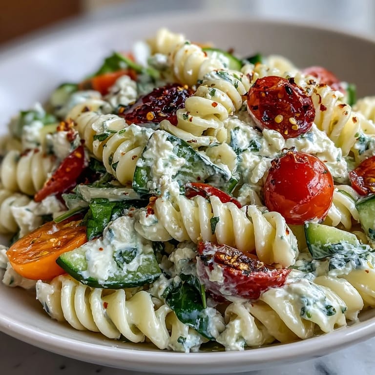 Close-up of High Protein Cottage Cheese Pasta Salad with rotini pasta, juicy tomatoes, and cottage cheese, perfect for a healthy lunch or summer gathering.