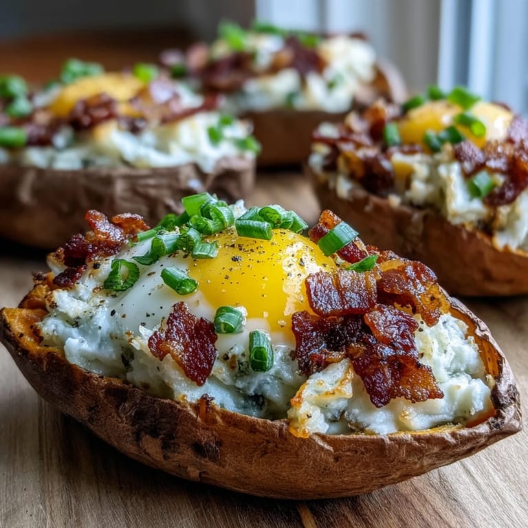 A hearty serving of gluten-free Breakfast Sweet Potatoes, featuring stuffed potato skins with eggs, cheese, and bacon, ideal for a savory morning meal.