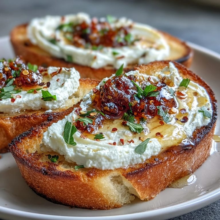 Savory Crostini with Whipped Feta and spicy hot honey on crisp bread slices, ready to serve.