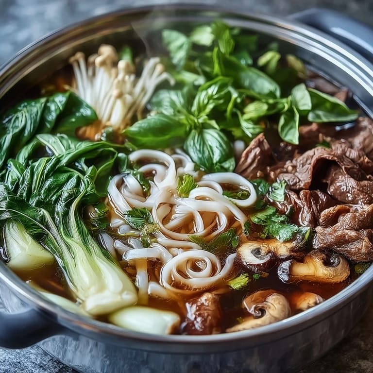 Vibrant platter of fresh ingredients for Asian Hot Pot Noodle Feast, with noodles, veggies, and herbs for a festive tabletop cooking experience.