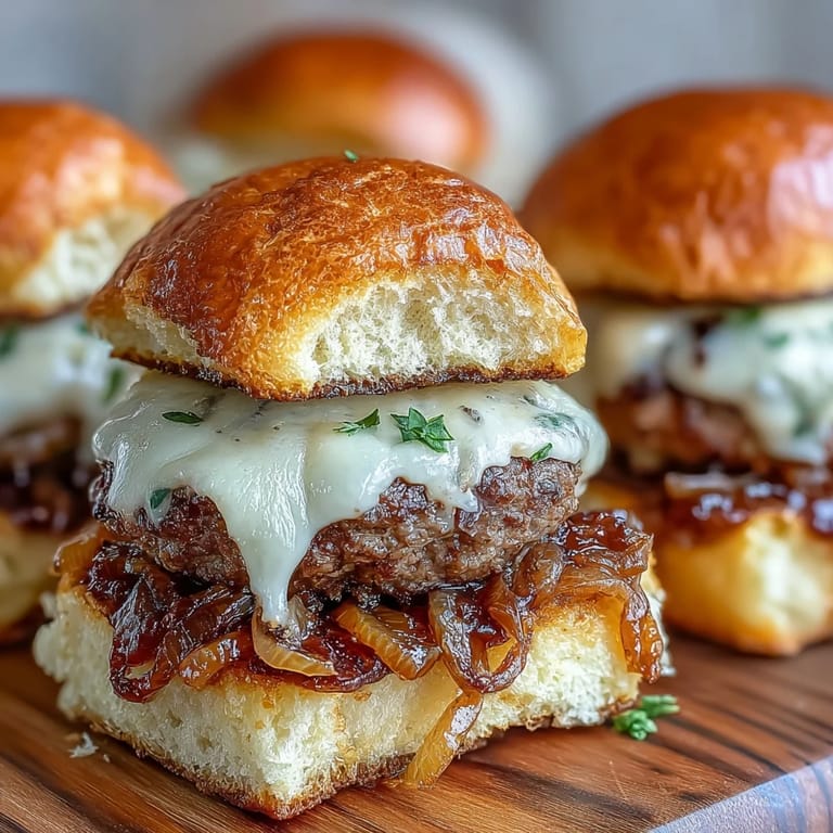 Mini Smash Burger Sliders with Caramelized Onions stacked high, ready to serve with extra onions and a side of crispy fries.