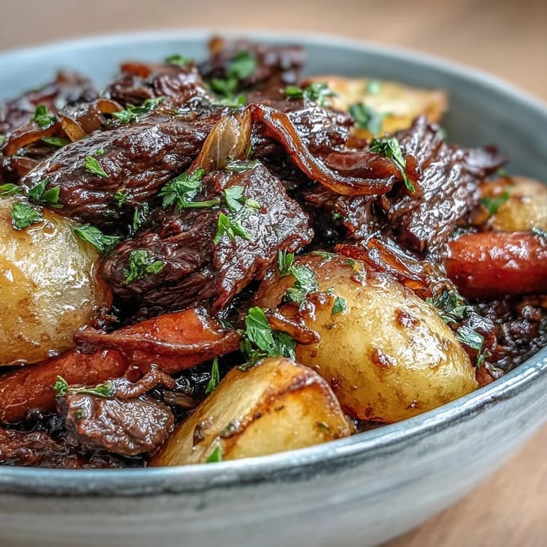 A cozy bowl of Japanese Nikujaga, braised beef and potatoes served over steamed white rice.