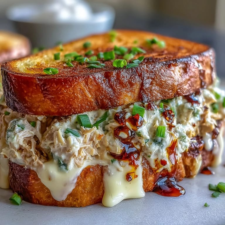 Freshly prepared Spicy Tuna Melt cut diagonally, revealing a creamy, peppery interior perfect for serving.