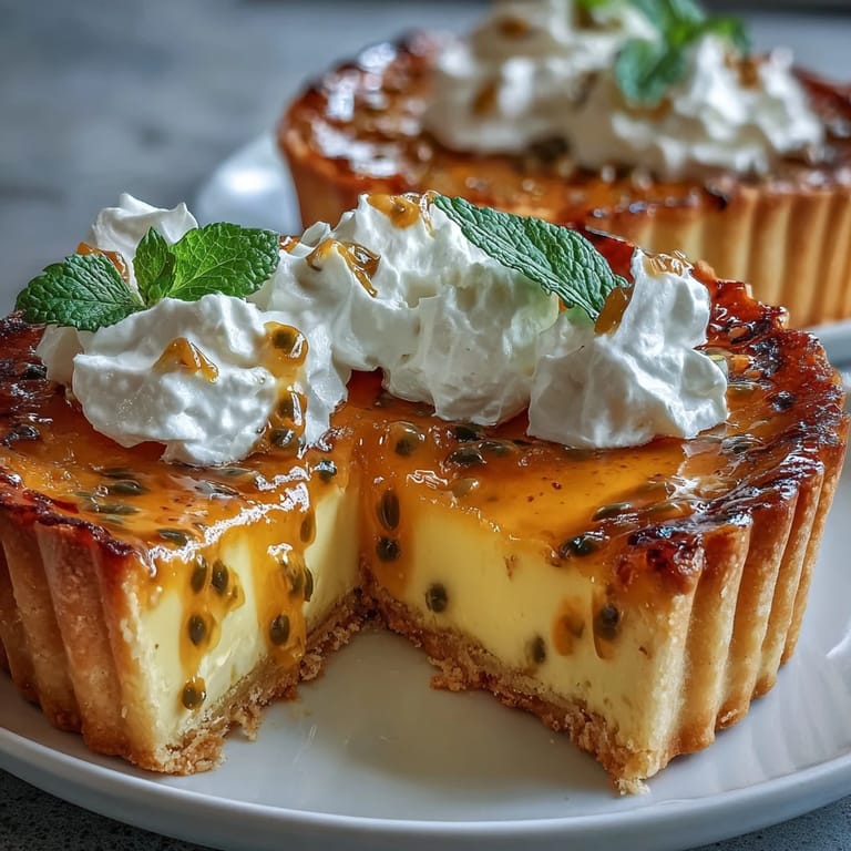 A plated Passionfruit Curd Tart features whipped cream swirls and vibrant passionfruit pulp, perfect with a glass of Moscato on a sunny table.
