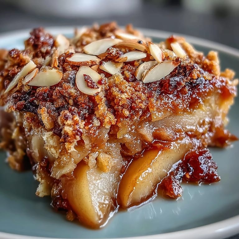 A close-up of Cardamom-Spiced Apple Crisp topped with sliced almonds and oats.