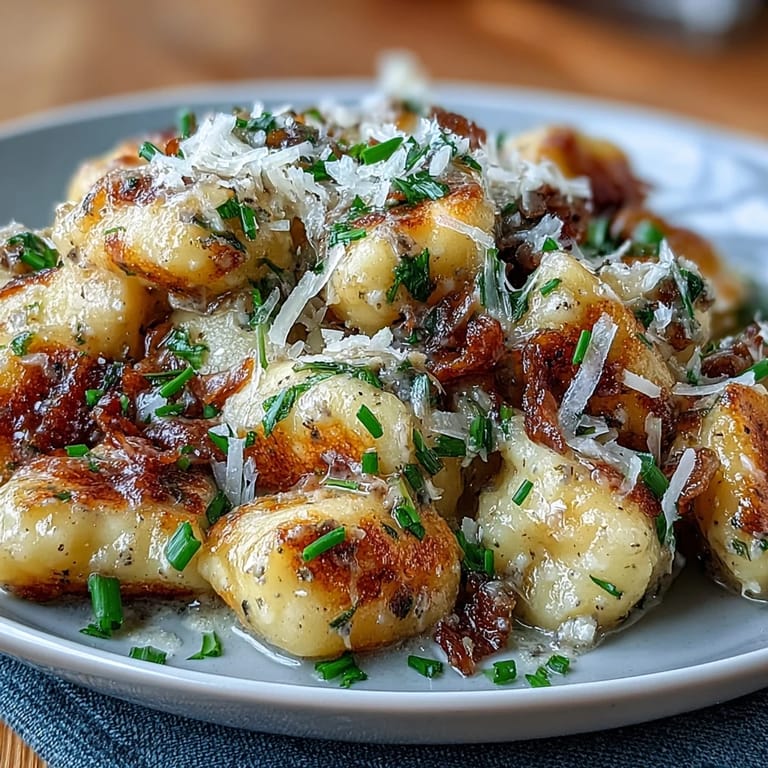 Creamy Truffle-Butter Gnocchi served warm with golden edges, fragrant garlic, and a sprinkle of Parmesan cheese.