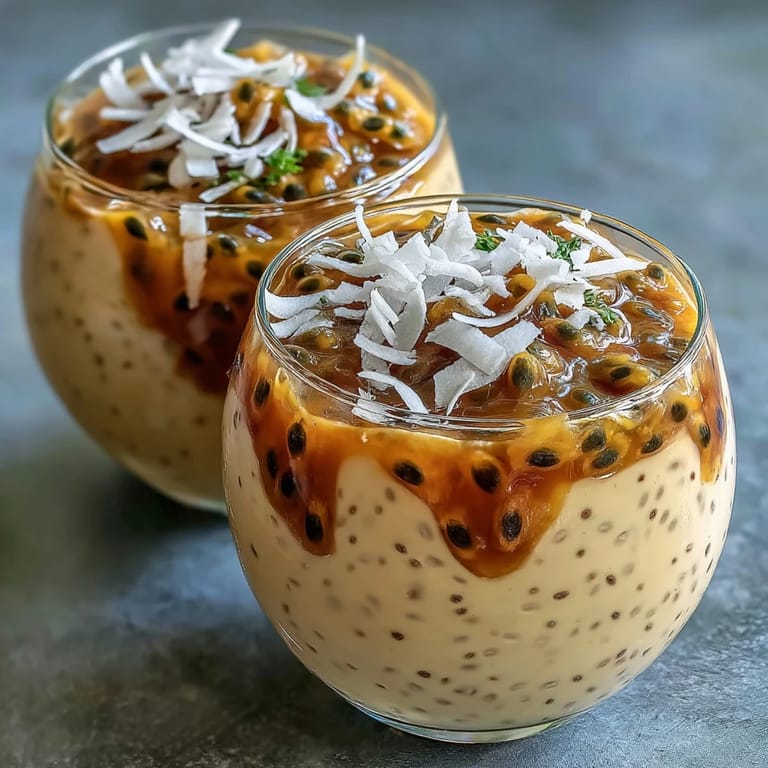 Golden Passionfruit Chia Pudding served in a clear jar, topped with fresh coconut flakes and perfect for a light, dairy-free morning meal.