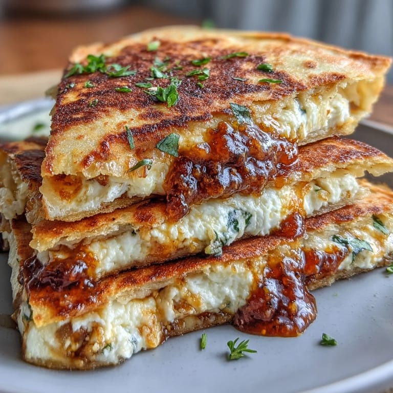 Freshly sliced wedges of Chilli Jam & Goat Cheese Quesadilla reveal layers of creamy goat cheese and jam.